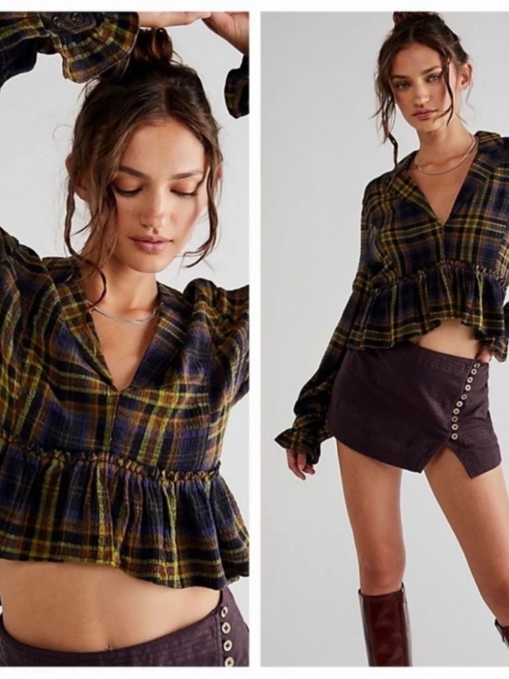 Free People Ruffled Up Blue Plaid Cropped Shirt Jacket M NWT